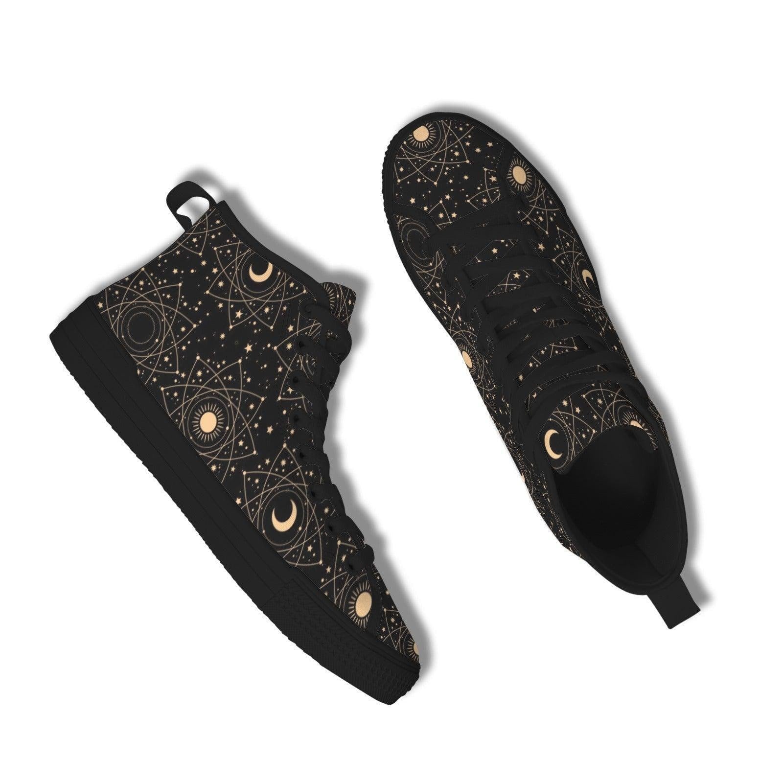 Celestial High Top Sneakers, Black Moon Phase, Astrology Star Print Lace Up Shoes