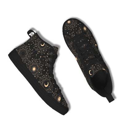 Celestial High Top Sneakers, Black Moon Phase, Astrology Star Print Lace Up Shoes