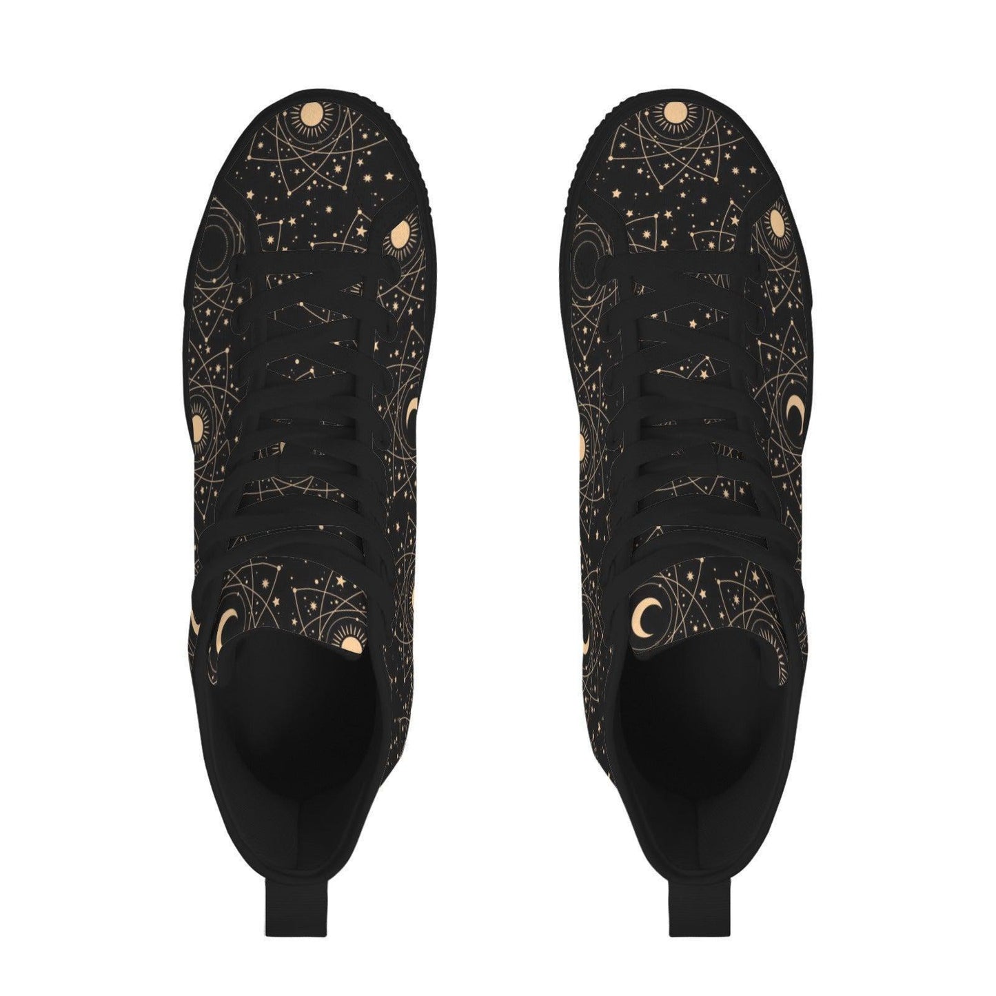 Celestial High Top Sneakers, Black Moon Phase, Astrology Star Print Lace Up Shoes