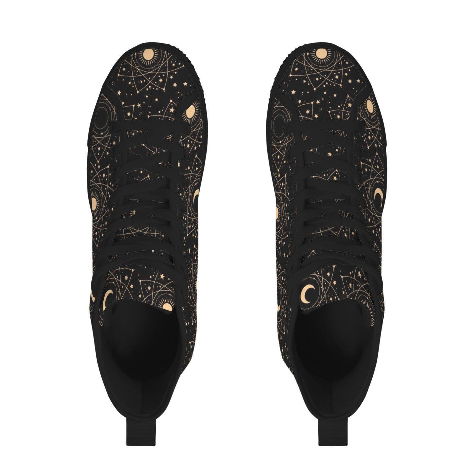 Celestial High Top Sneakers, Black Moon Phase, Astrology Star Print Lace Up Shoes