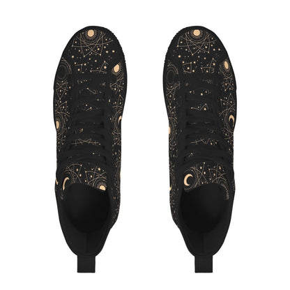 Celestial High Top Sneakers, Black Moon Phase, Astrology Star Print Lace Up Shoes