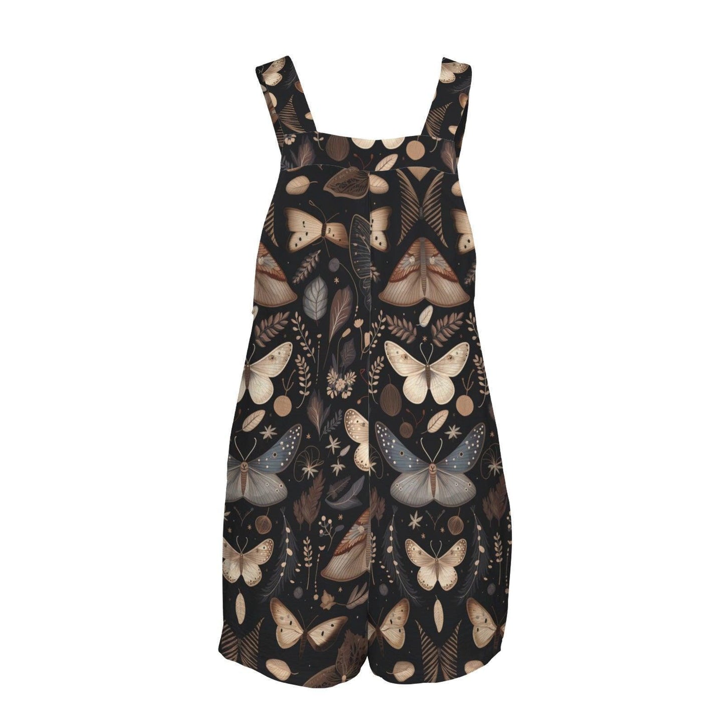 Dark Botanical Moth Print Short Romper, Button Strap Pockets Overall