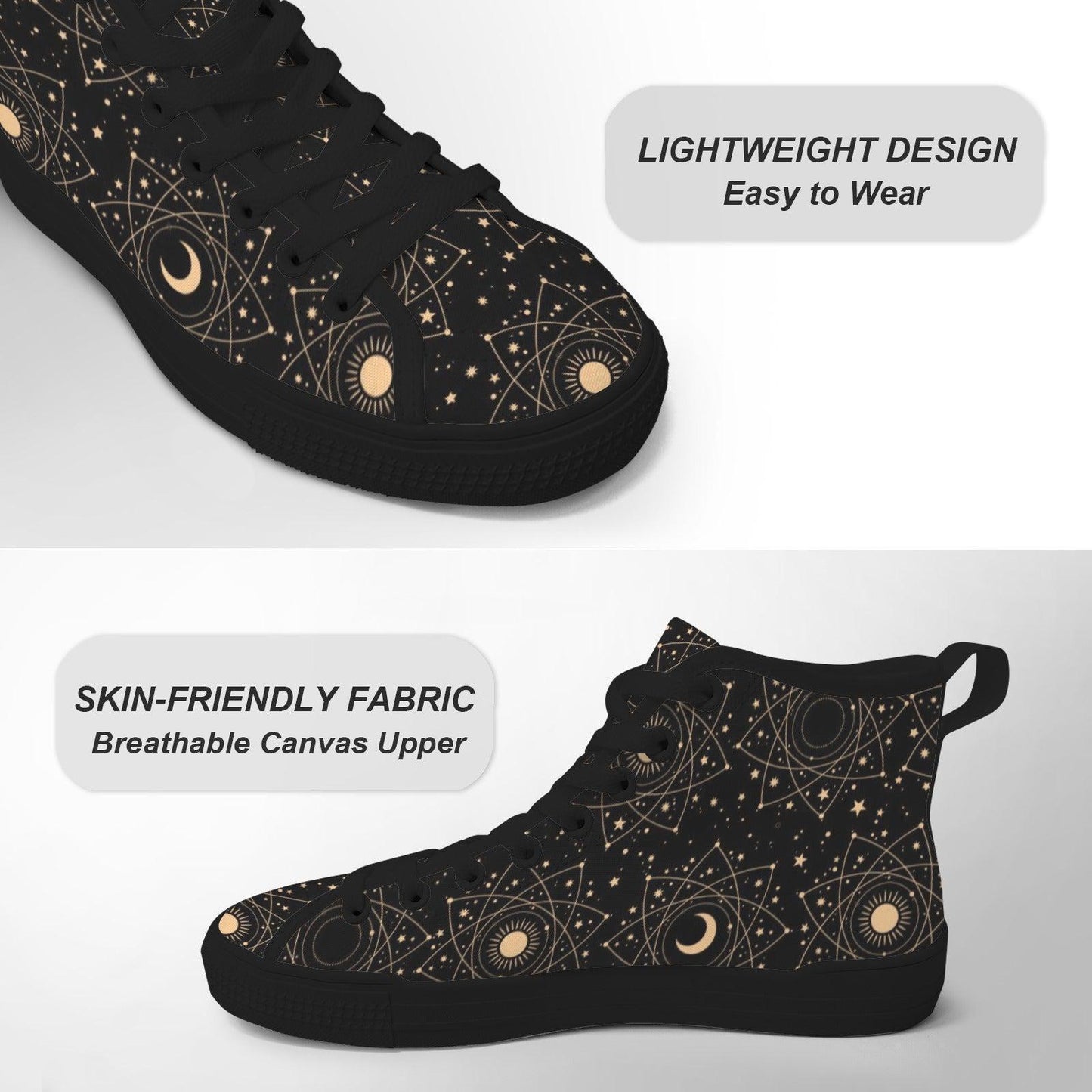 Celestial High Top Sneakers, Black Moon Phase, Astrology Star Print Lace Up Shoes