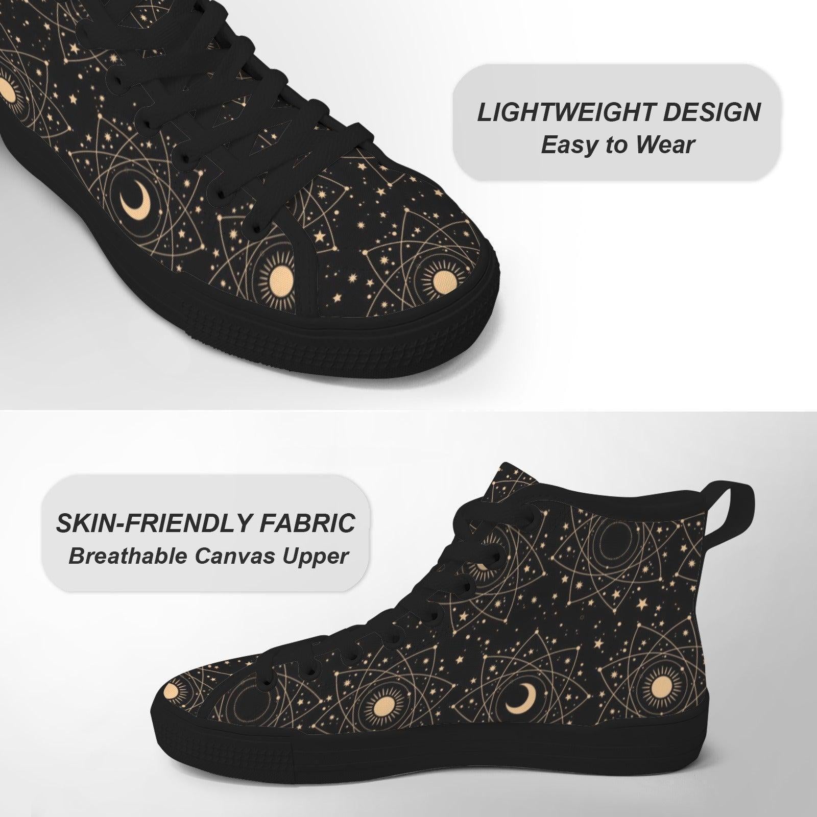 Celestial High Top Sneakers, Black Moon Phase, Astrology Star Print Lace Up Shoes
