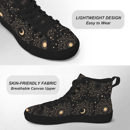 Celestial High Top Sneakers, Black Moon Phase, Astrology Star Print Lace Up Shoes