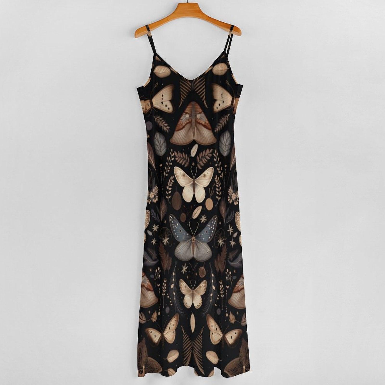 Moth print dress, Dark forest maxi, Vintage insect sundress, Cottagecore moth gown, Mystic pattern outfit, Boho nature style, Witchy dress