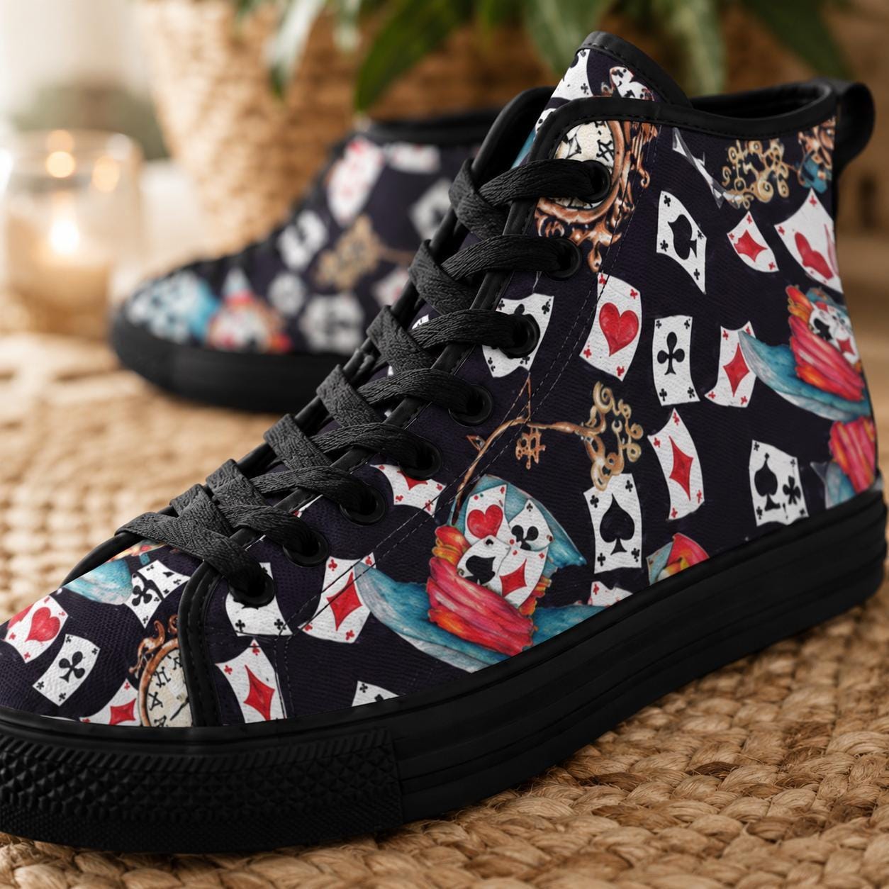 Playing Card High Top Sneakers, Vintage Clock Teacup Print Canvas Shoes, Dark Whimsical Lace Up