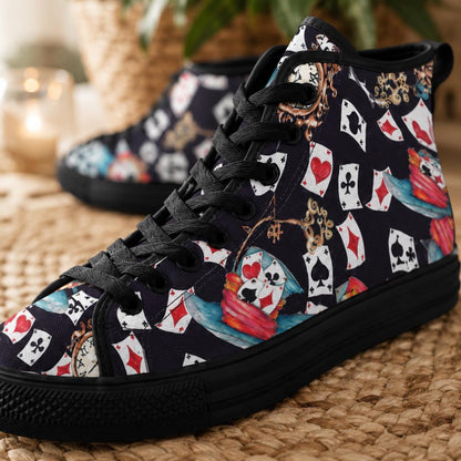 Playing Card High Top Sneakers, Vintage Clock Teacup Print Canvas Shoes, Dark Whimsical Lace Up