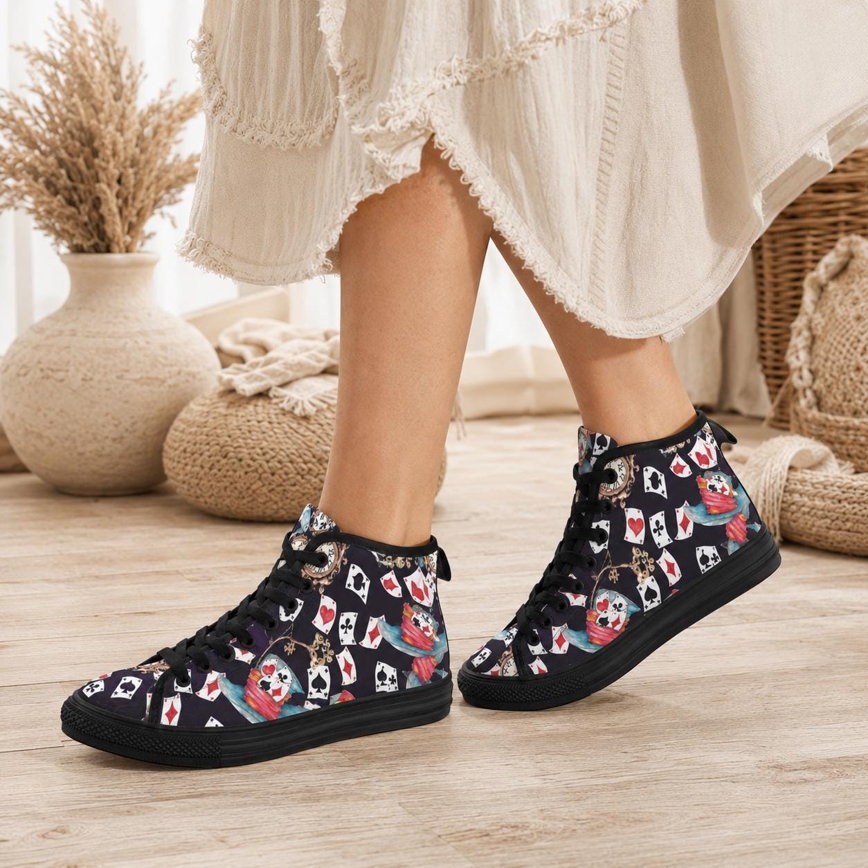 Playing Card High Top Sneakers, Vintage Clock Teacup Print Canvas Shoes, Dark Whimsical Lace Up