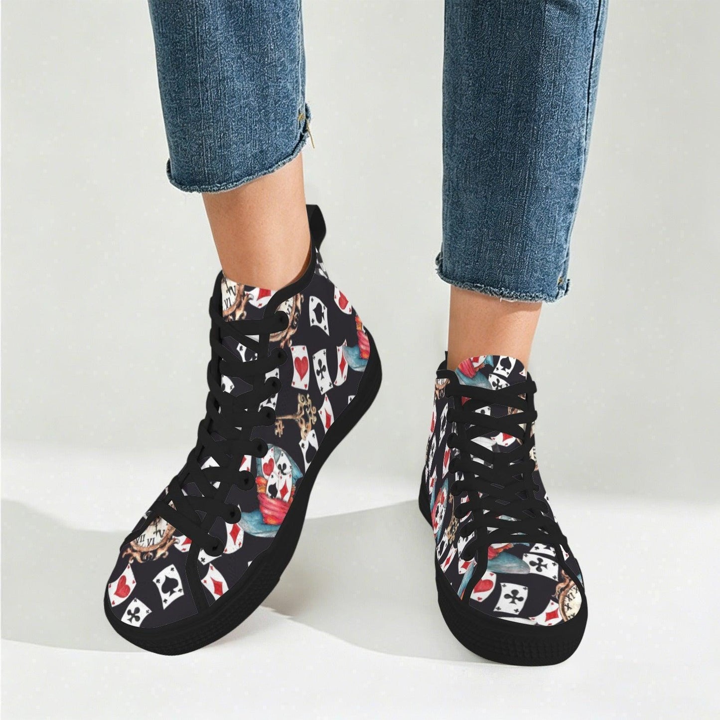 Playing Card High Top Sneakers, Vintage Clock Teacup Print Canvas Shoes, Dark Whimsical Lace Up