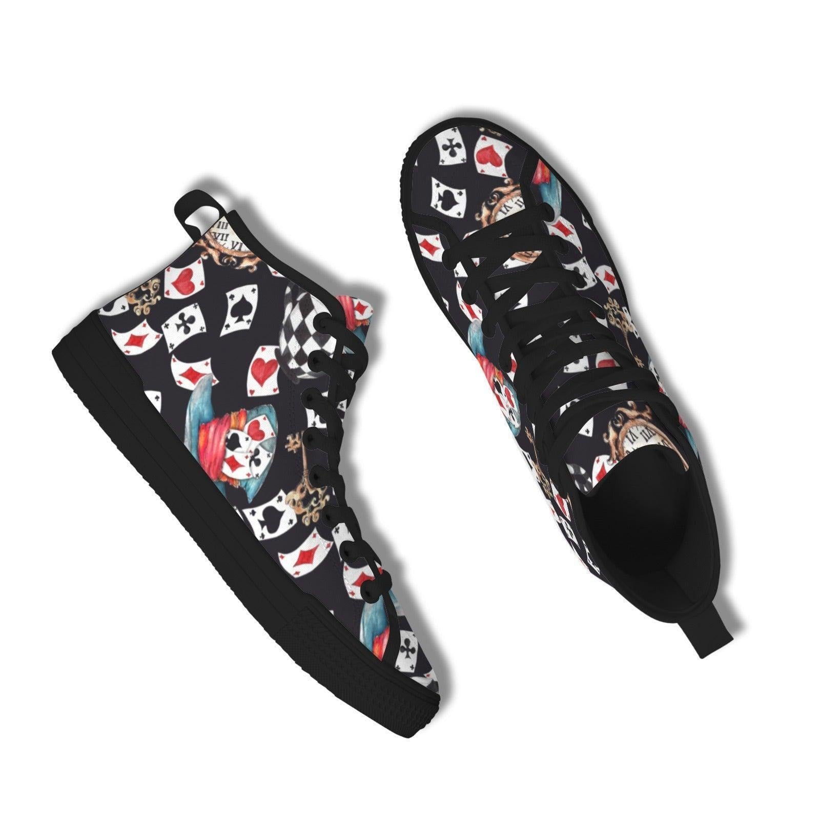 Playing Card High Top Sneakers, Vintage Clock Teacup Print Canvas Shoes, Dark Whimsical Lace Up
