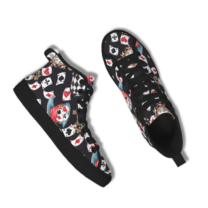 Playing Card High Top Sneakers, Vintage Clock Teacup Print Canvas Shoes, Dark Whimsical Lace Up
