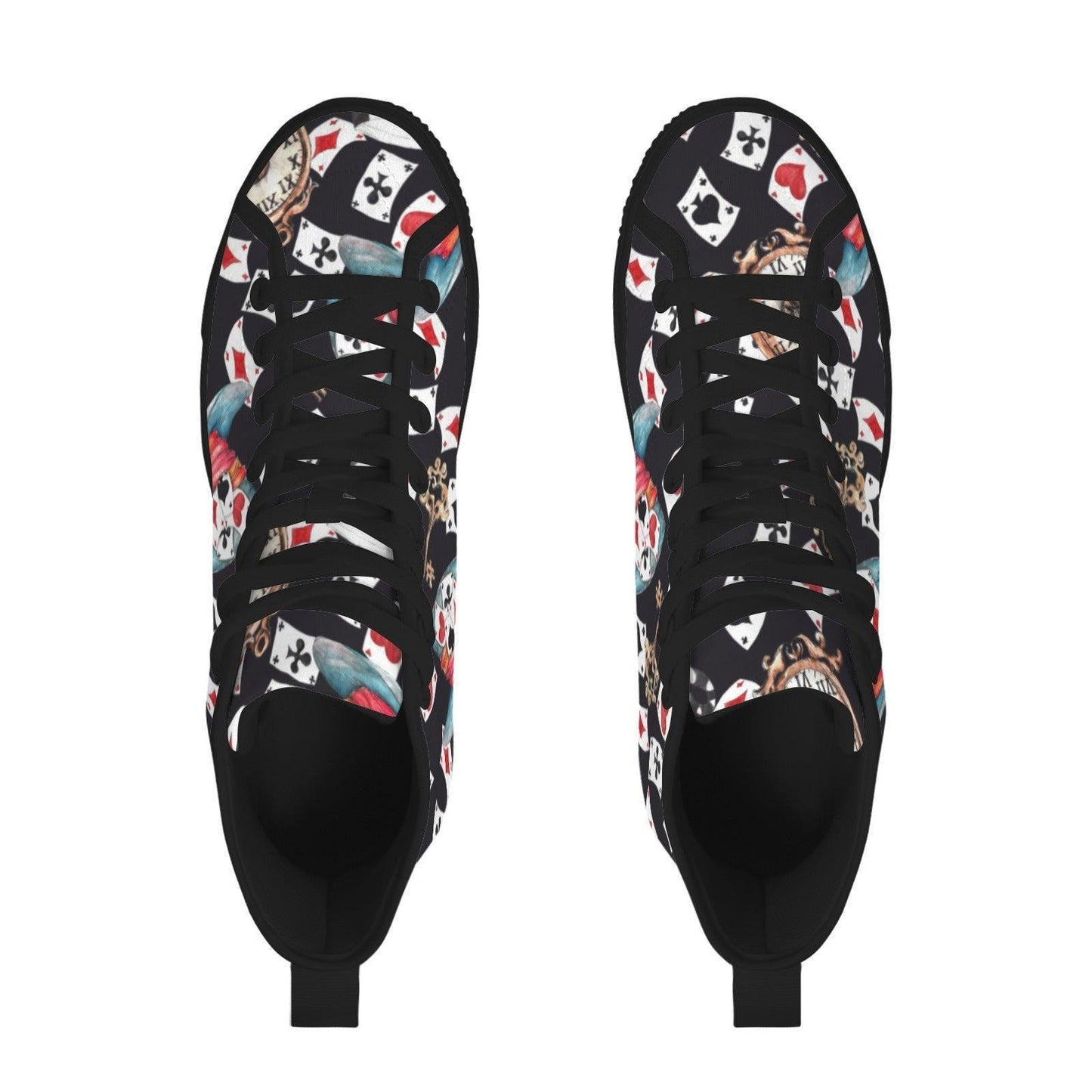 Playing Card High Top Sneakers, Vintage Clock Teacup Print Canvas Shoes, Dark Whimsical Lace Up