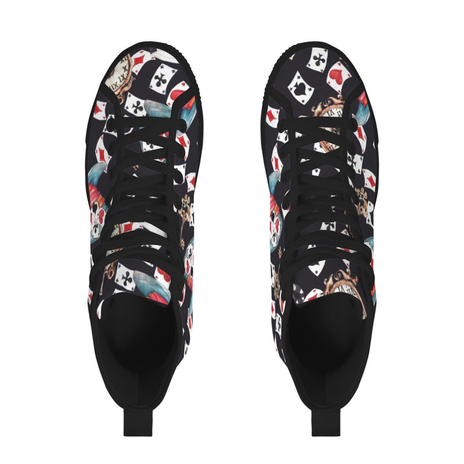 Playing Card High Top Sneakers, Vintage Clock Teacup Print Canvas Shoes, Dark Whimsical Lace Up