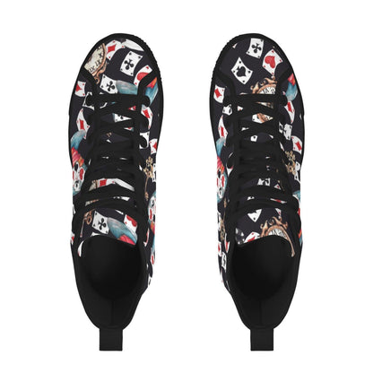 Playing Card High Top Sneakers, Vintage Clock Teacup Print Canvas Shoes, Dark Whimsical Lace Up