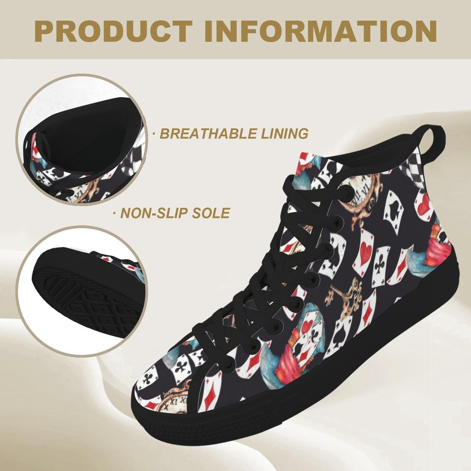 Playing Card High Top Sneakers, Vintage Clock Teacup Print Canvas Shoes, Dark Whimsical Lace Up