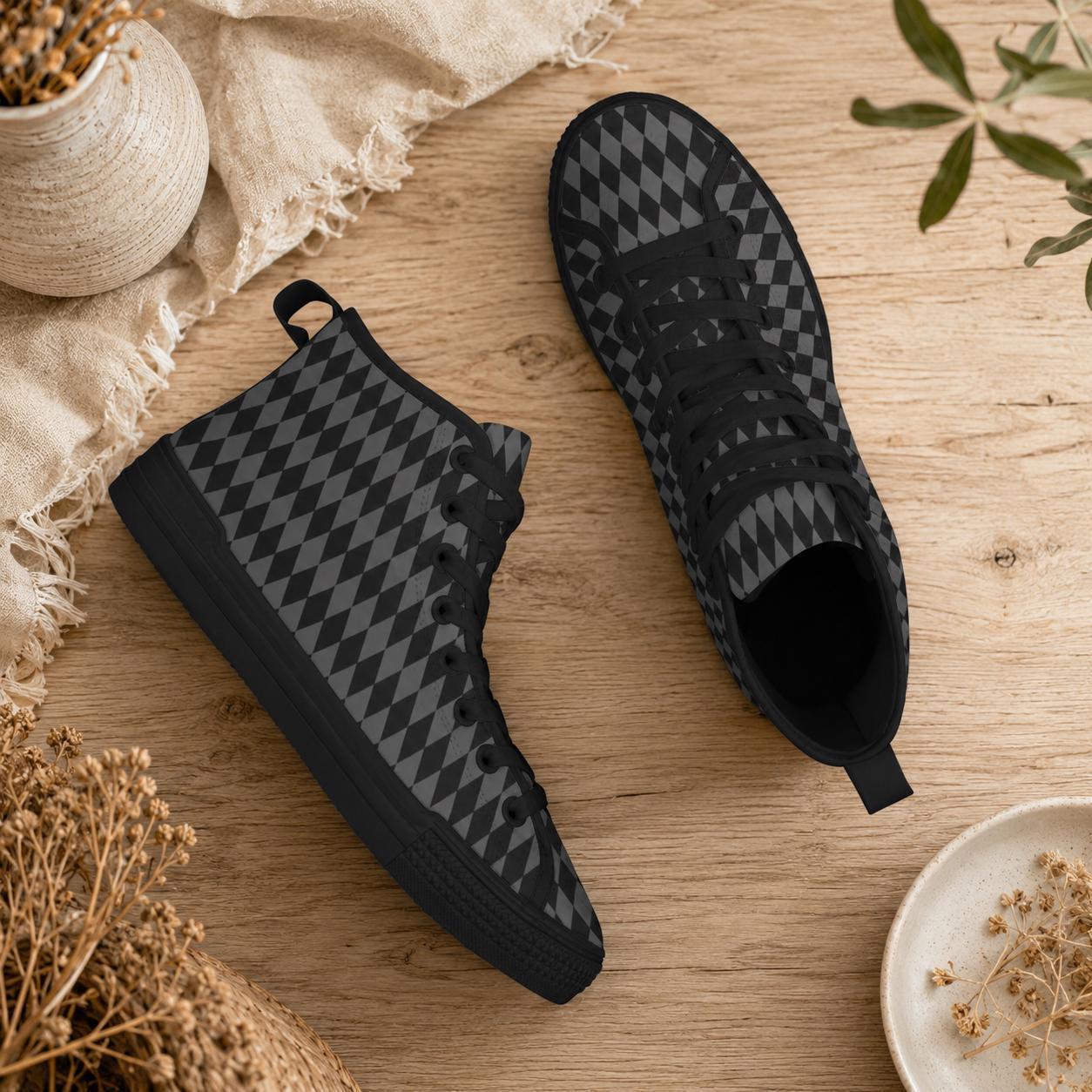 Black Diamond High Top Sneakers, Lace Up Canvas Streetwear Shoes