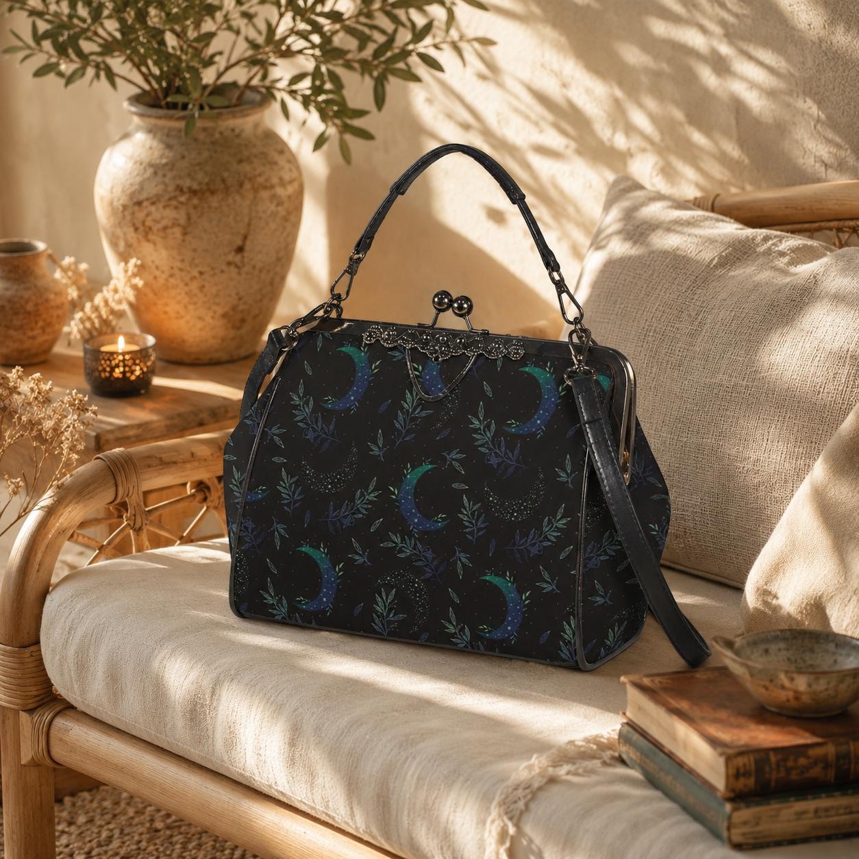 Night garden moon purse, green lunar clasp handbag, celestial leaf print kisslock bag