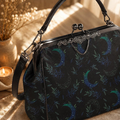 Night garden moon purse, green lunar clasp handbag, celestial leaf print kisslock bag