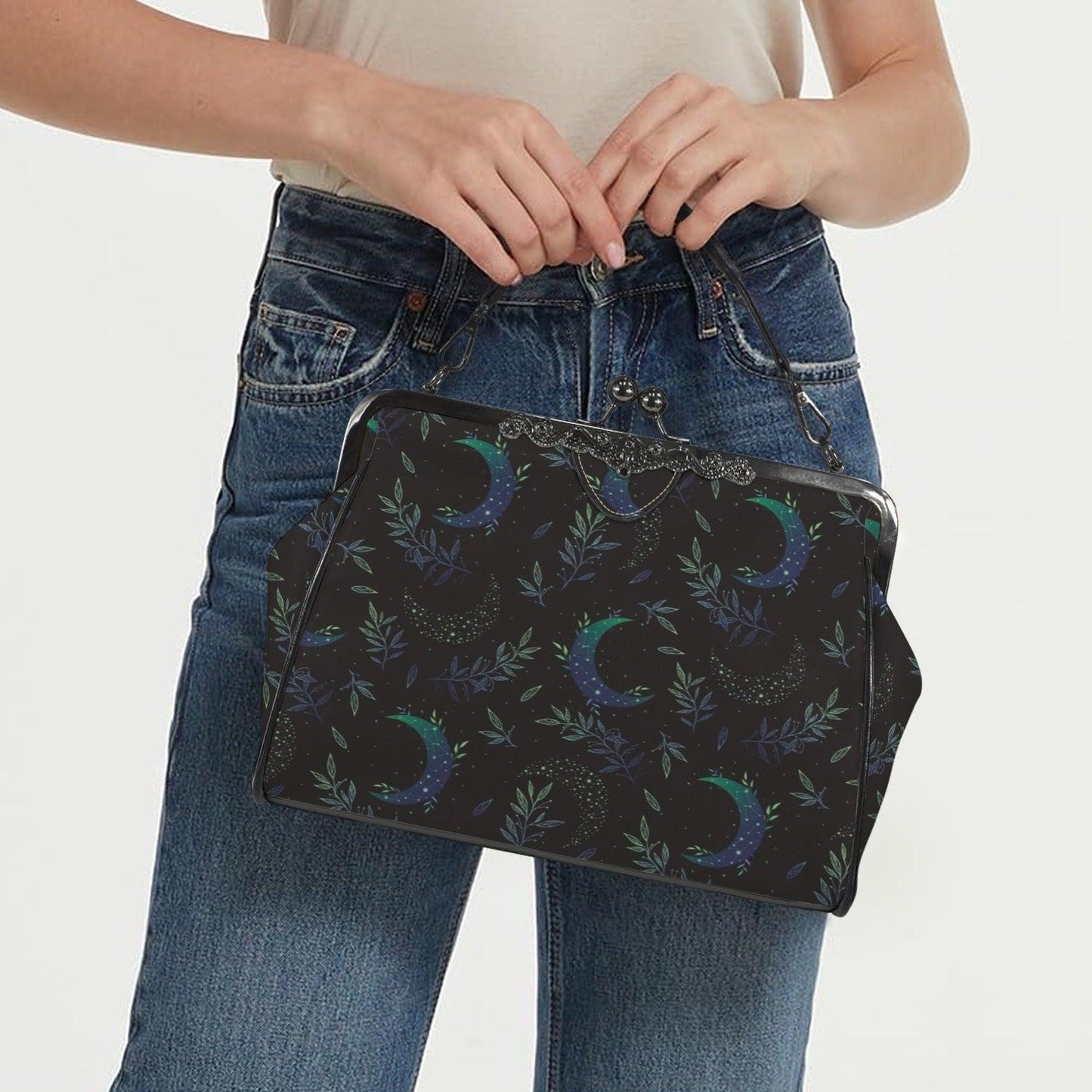 Night garden moon purse, green lunar clasp handbag, celestial leaf print kisslock bag