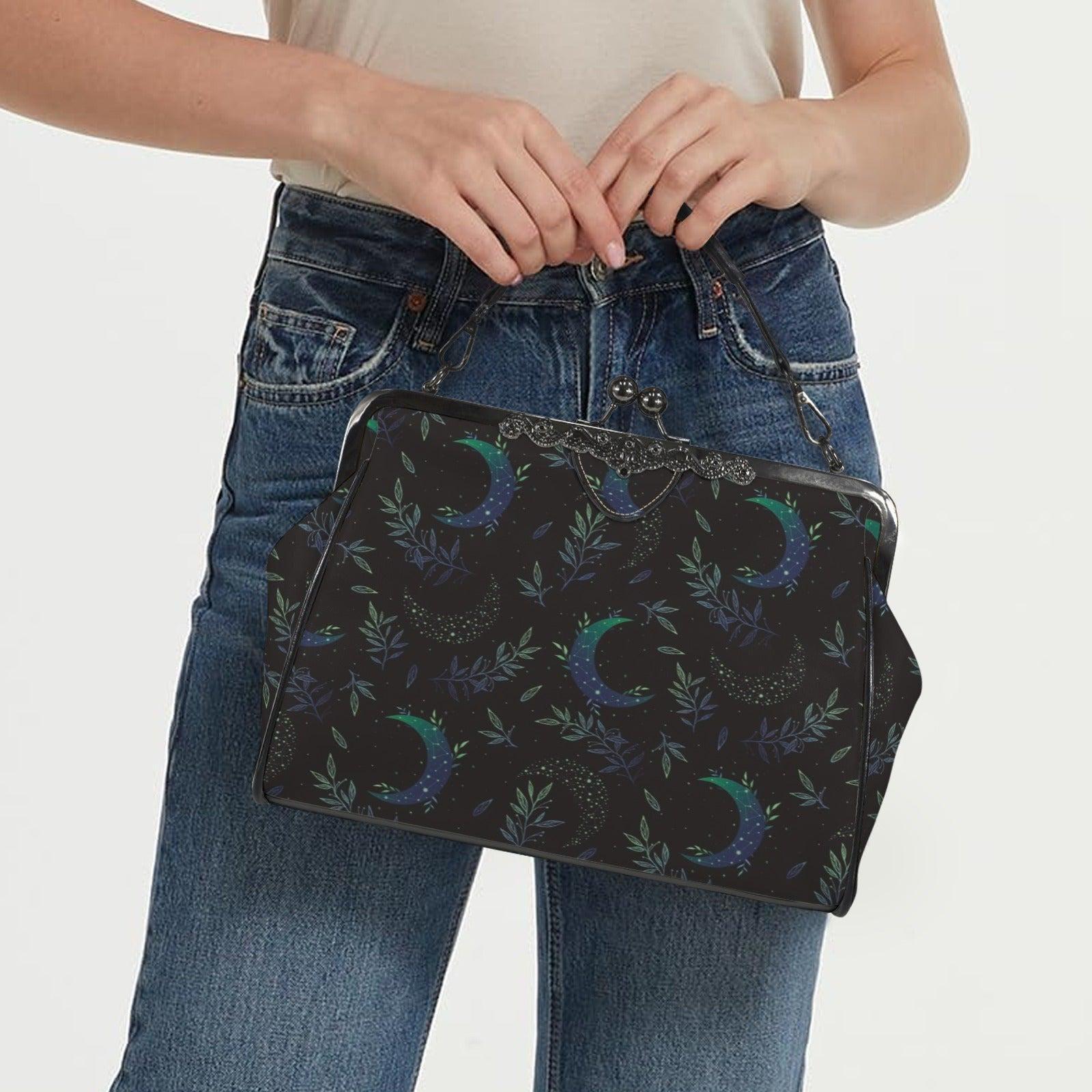 Night garden moon purse, green lunar clasp handbag, celestial leaf print kisslock bag