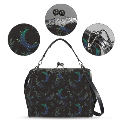 Night garden moon purse, green lunar clasp handbag, celestial leaf print kisslock bag