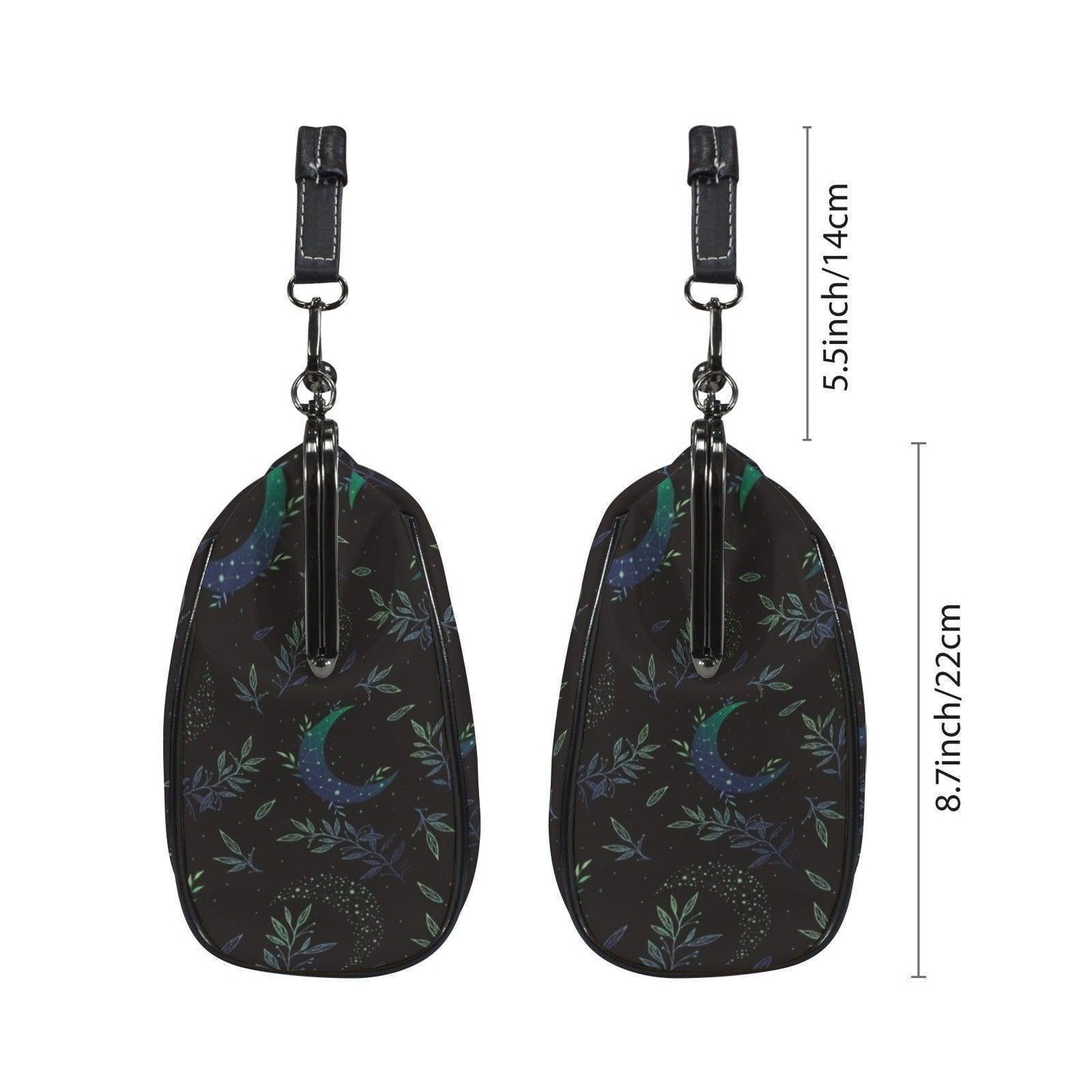 Night garden moon purse, green lunar clasp handbag, celestial leaf print kisslock bag