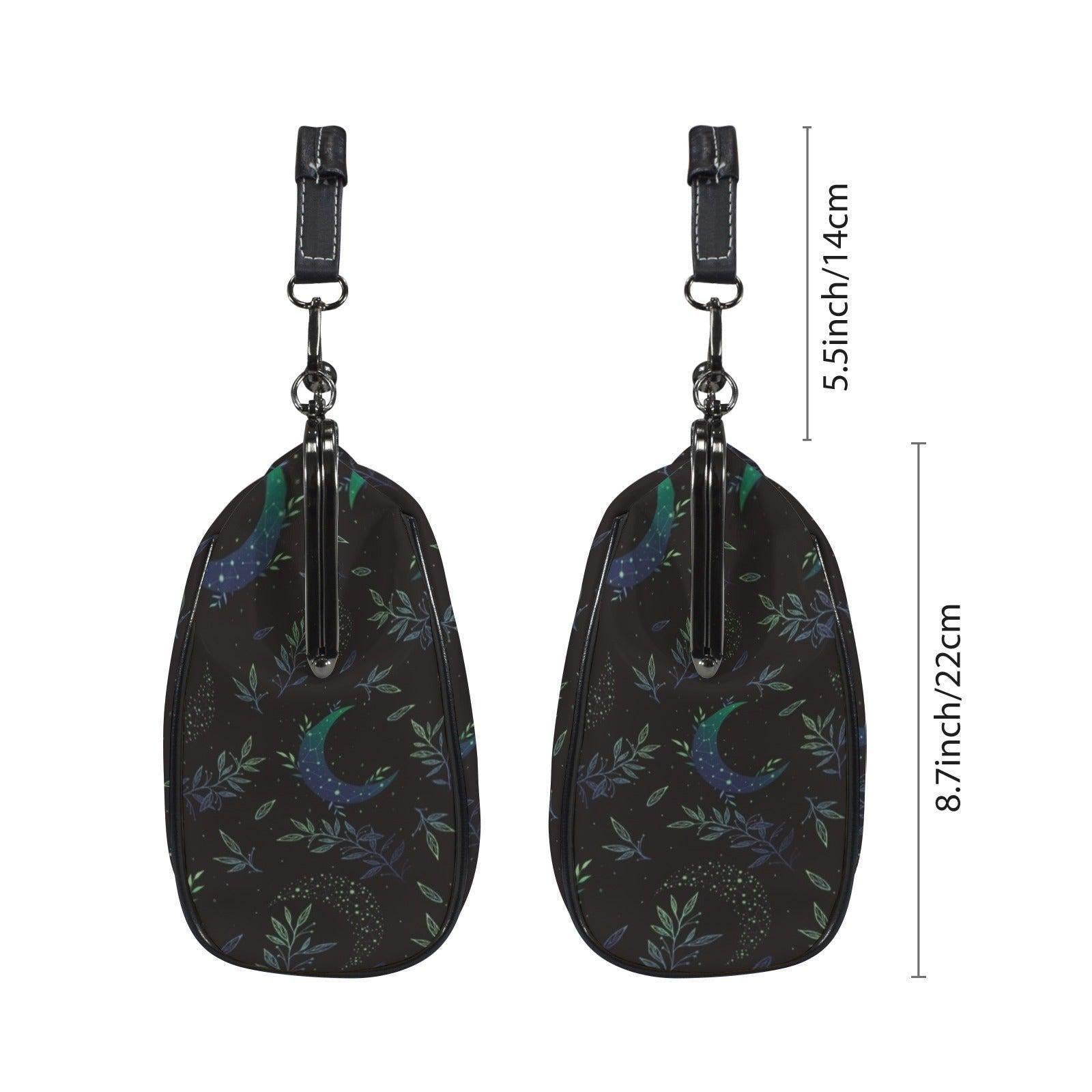 Night garden moon purse, green lunar clasp handbag, celestial leaf print kisslock bag
