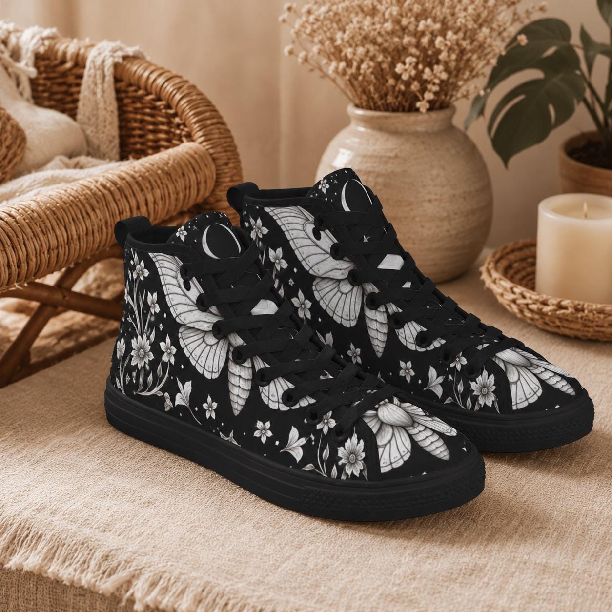 Moth Floral High Top Sneakers, Black Canvas Lace Up Shoes, Dark Botanical Footwear