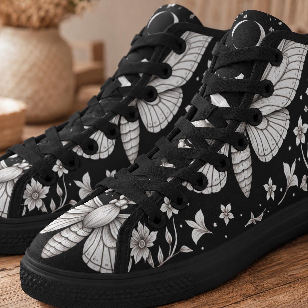Moth Floral High Top Sneakers, Black Canvas Lace Up Shoes, Dark Botanical Footwear