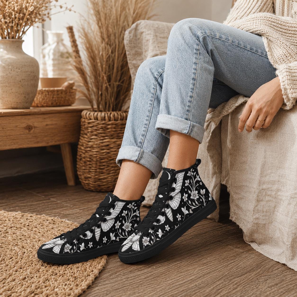 Moth Floral High Top Sneakers, Black Canvas Lace Up Shoes, Dark Botanical Footwear