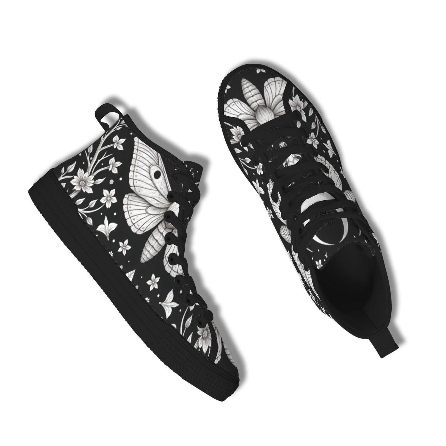 Moth Floral High Top Sneakers, Black Canvas Lace Up Shoes, Dark Botanical Footwear