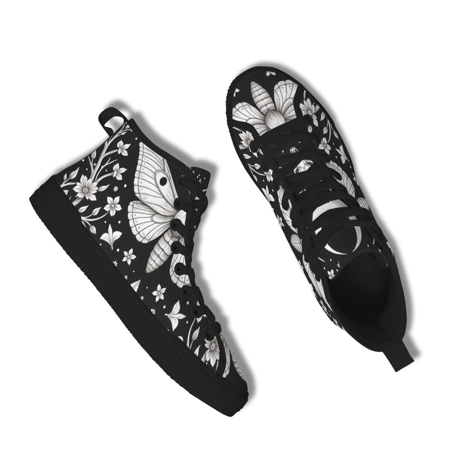 Moth Floral High Top Sneakers, Black Canvas Lace Up Shoes, Dark Botanical Footwear