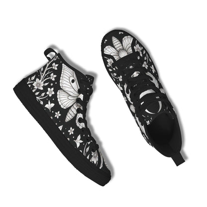 Moth Floral High Top Sneakers, Black Canvas Lace Up Shoes, Dark Botanical Footwear