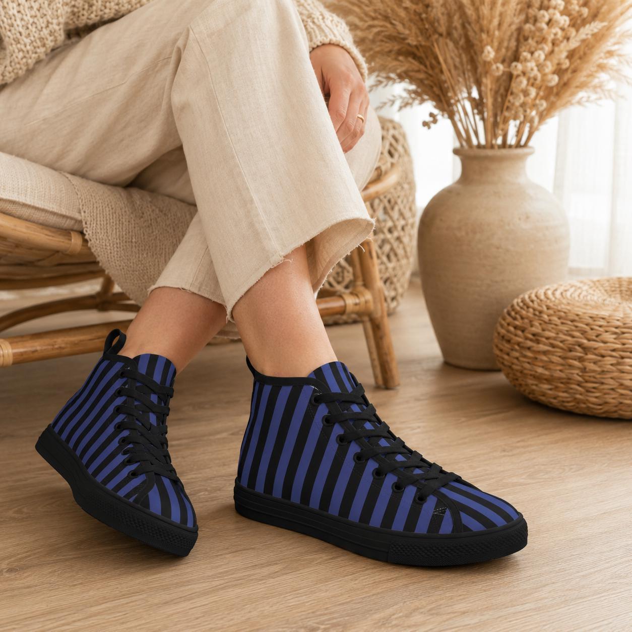 Navy Blue Black Vertical Stripe High Top Sneakers, Skater Canvas Shoes