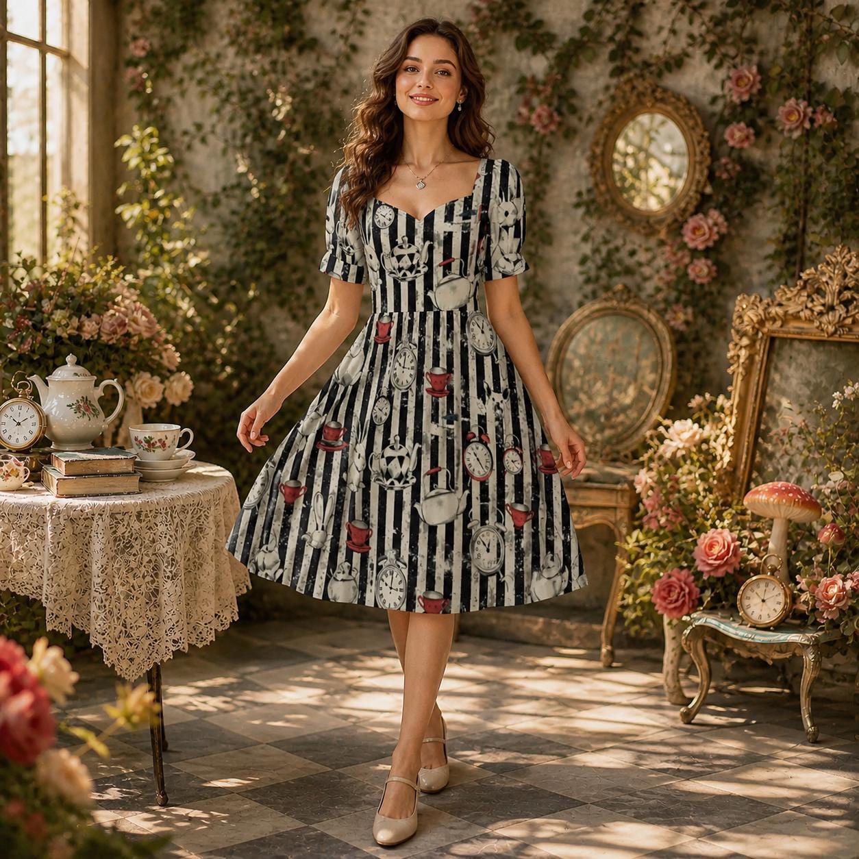 Wonderland Rabbit Midi Dress, Tea Party Clock Print, Striped Puff Sleeve Fantasy Dress