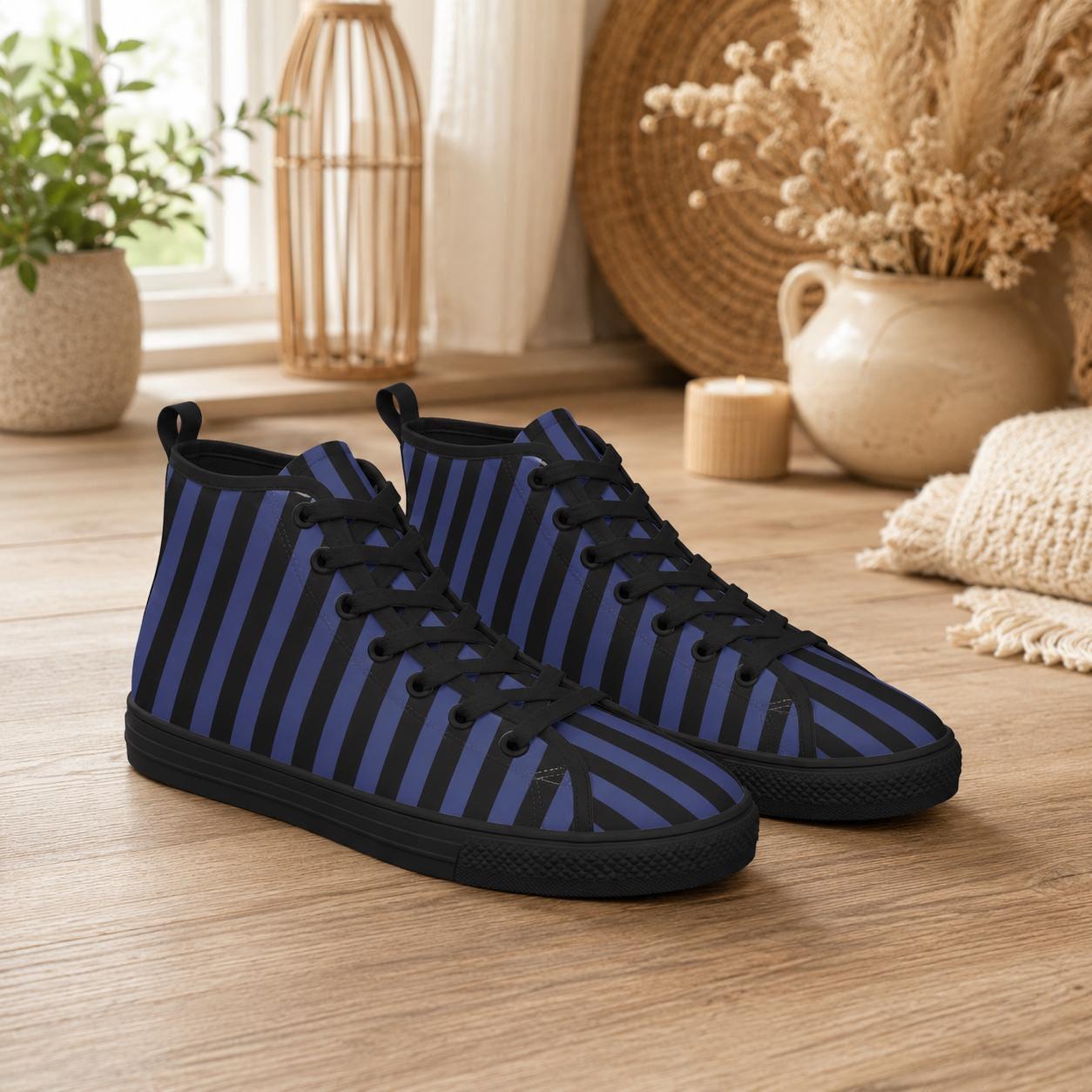 Navy Blue Black Vertical Stripe High Top Sneakers, Skater Canvas Shoes