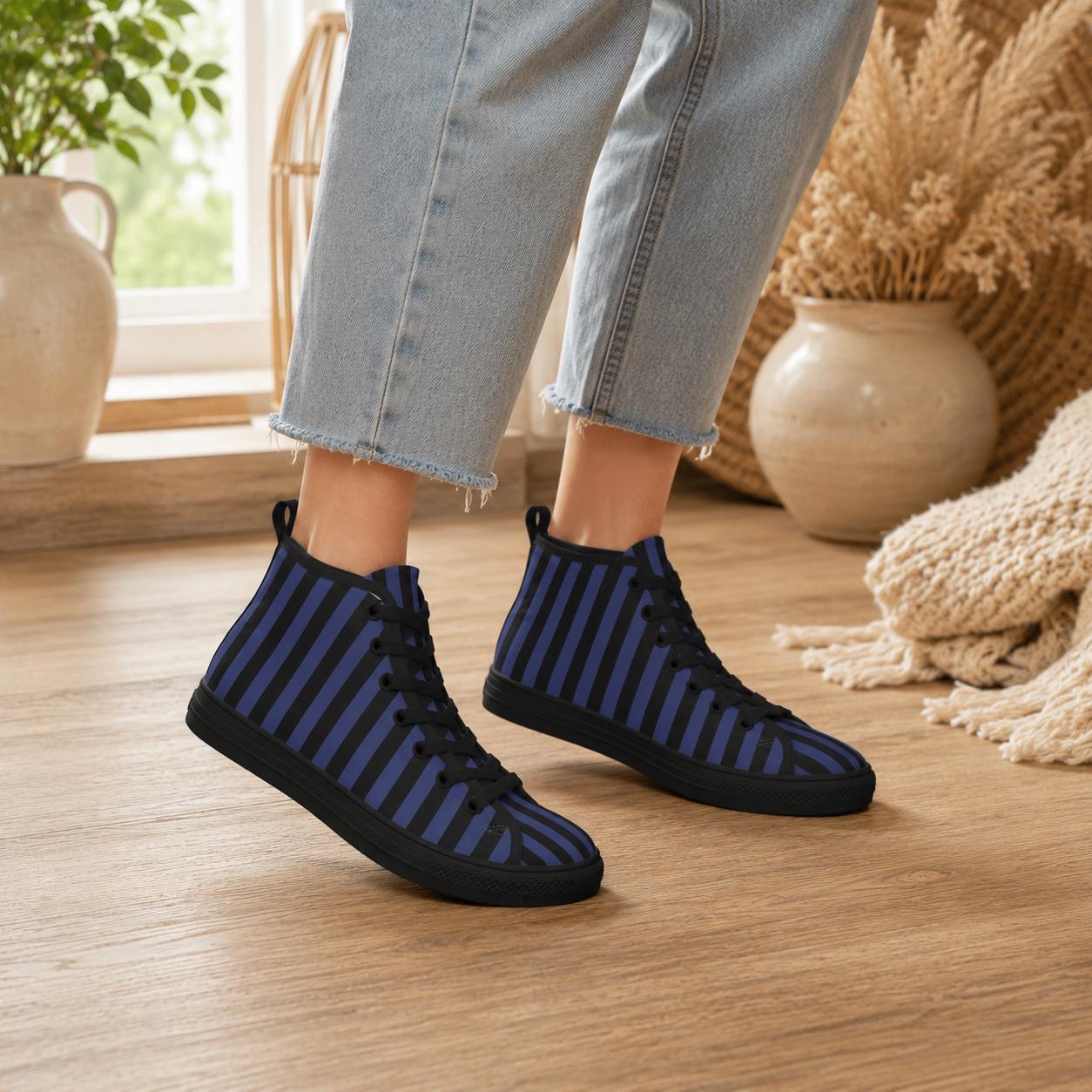 Navy Blue Black Vertical Stripe High Top Sneakers, Skater Canvas Shoes