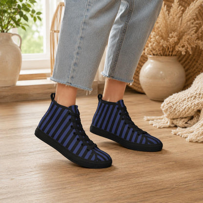 Navy Blue Black Vertical Stripe High Top Sneakers, Skater Canvas Shoes