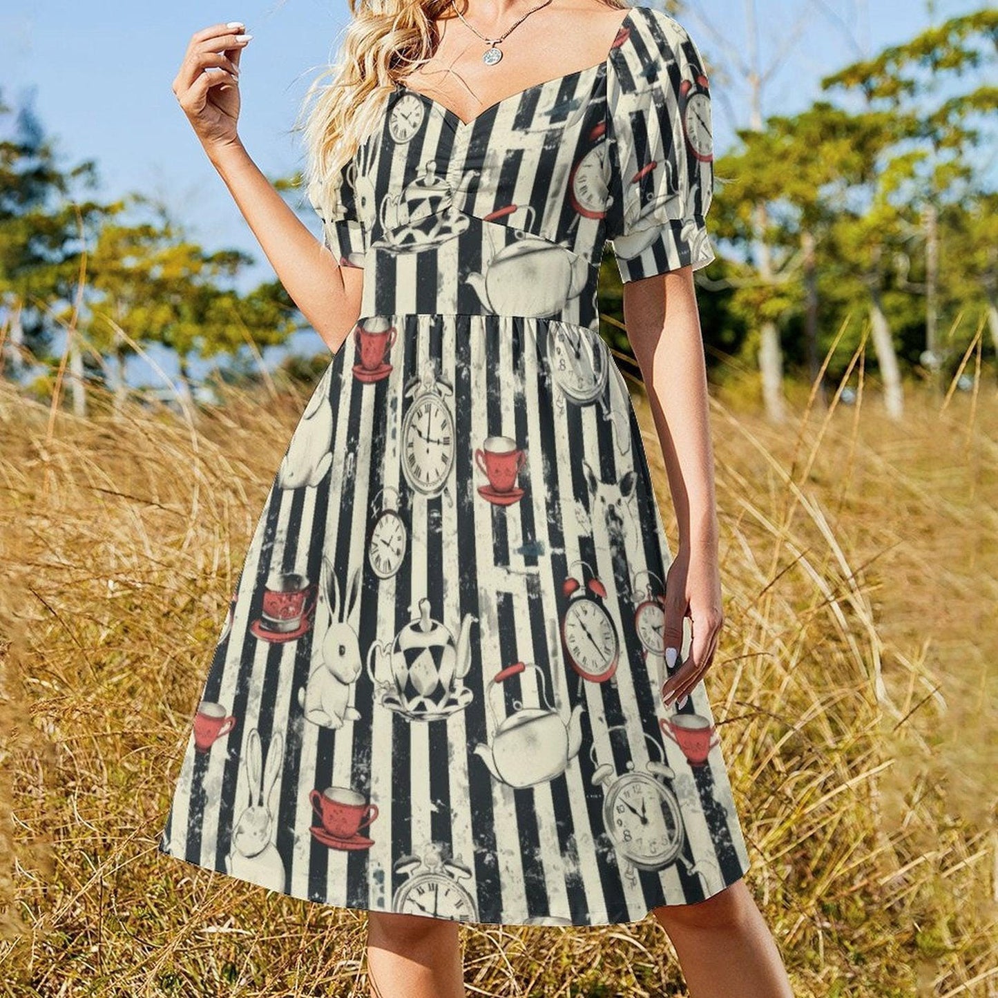Wonderland Rabbit Midi Dress, Tea Party Clock Print, Striped Puff Sleeve Fantasy Dress