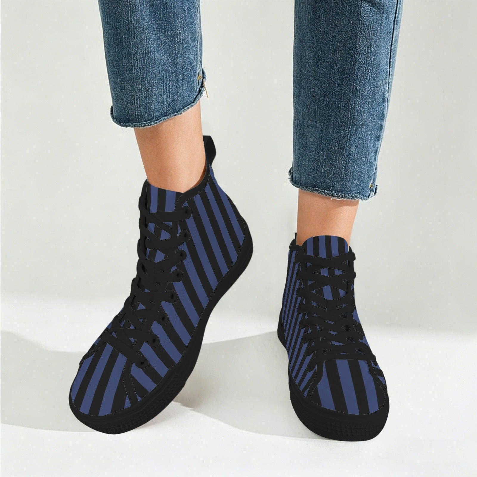 Navy Blue Black Vertical Stripe High Top Sneakers, Skater Canvas Shoes