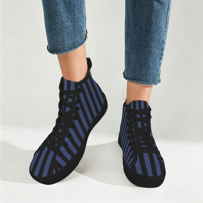 Navy Blue Black Vertical Stripe High Top Sneakers, Skater Canvas Shoes