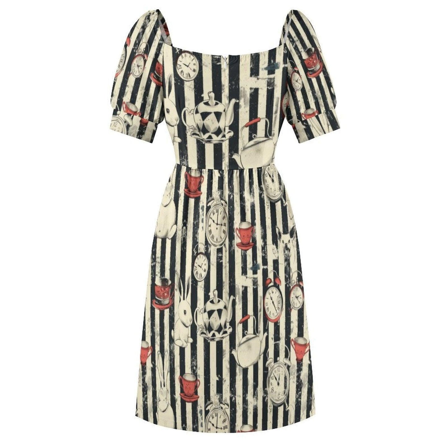 Wonderland Rabbit Midi Dress, Tea Party Clock Print, Striped Puff Sleeve Fantasy Dress
