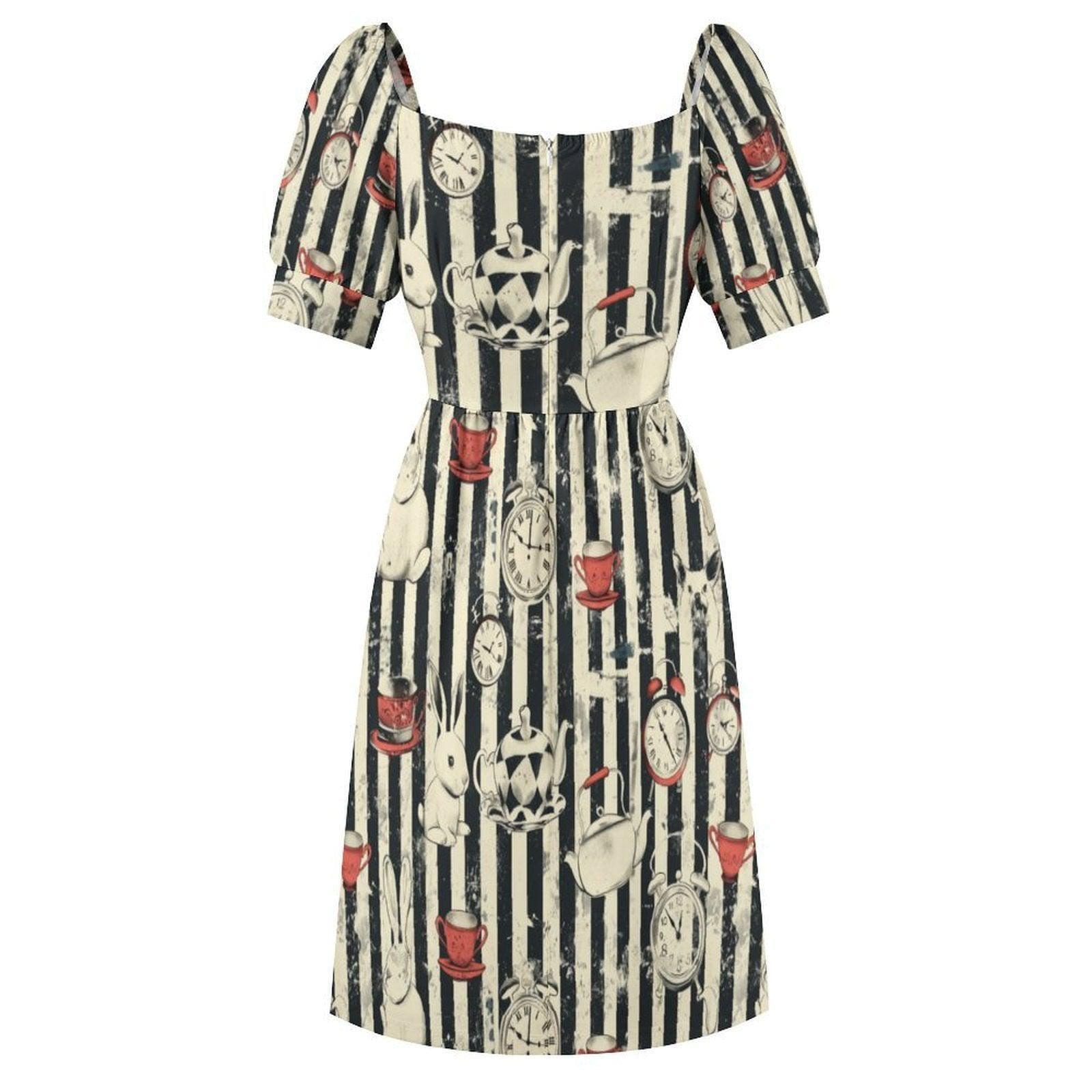 Wonderland Rabbit Midi Dress, Tea Party Clock Print, Striped Puff Sleeve Fantasy Dress