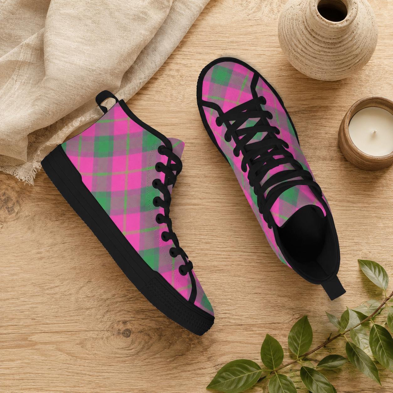 Pink Green Plaid High Top Canvas Sneakers, Tartan Lace Up Shoes