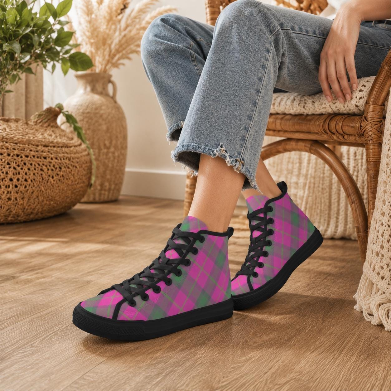 Pink Green Plaid High Top Canvas Sneakers, Tartan Lace Up Shoes