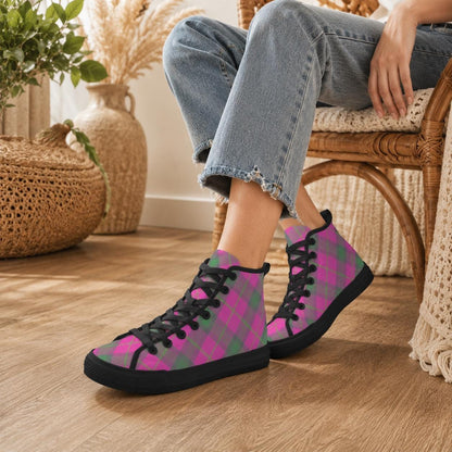Pink Green Plaid High Top Canvas Sneakers, Tartan Lace Up Shoes
