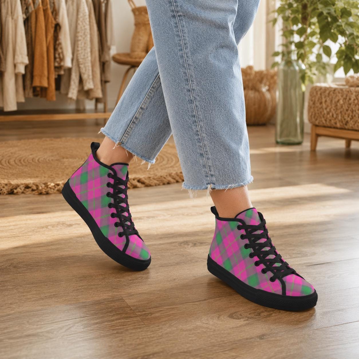 Pink Green Plaid High Top Canvas Sneakers, Tartan Lace Up Shoes