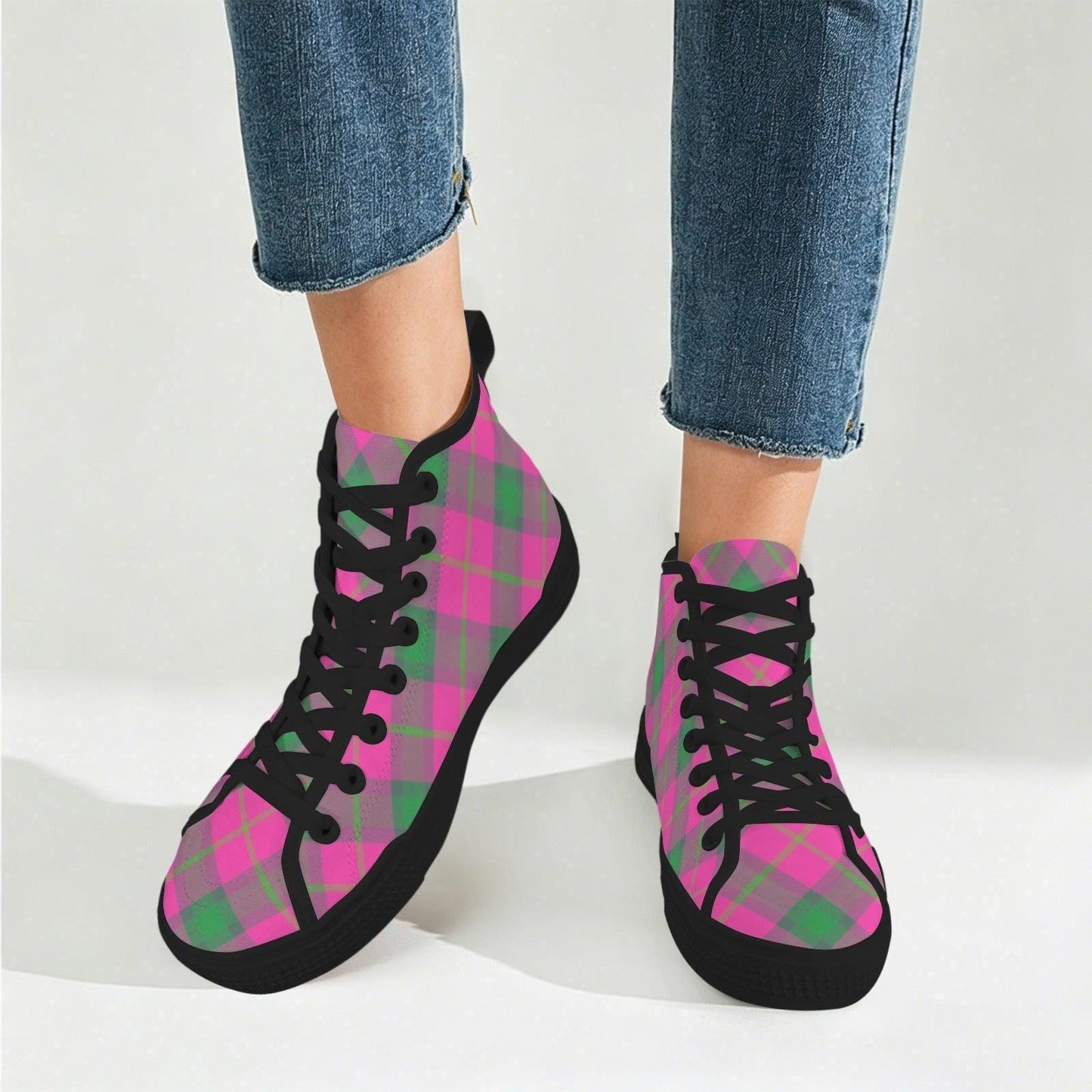 Pink Green Plaid High Top Canvas Sneakers, Tartan Lace Up Shoes
