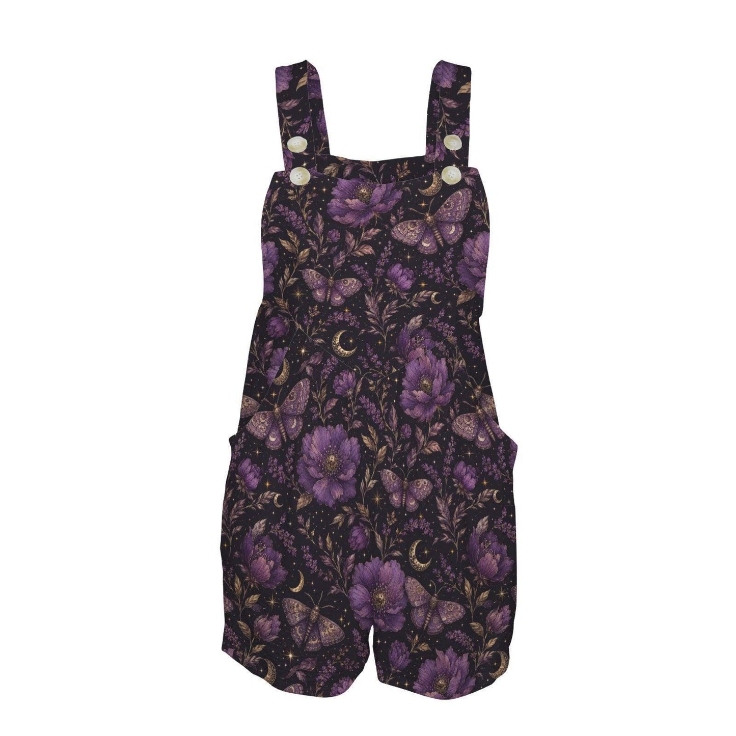 Moth Floral Romper, Purple Peony Botanical Playsuit, Sleeveless Button Strap Short Overalls